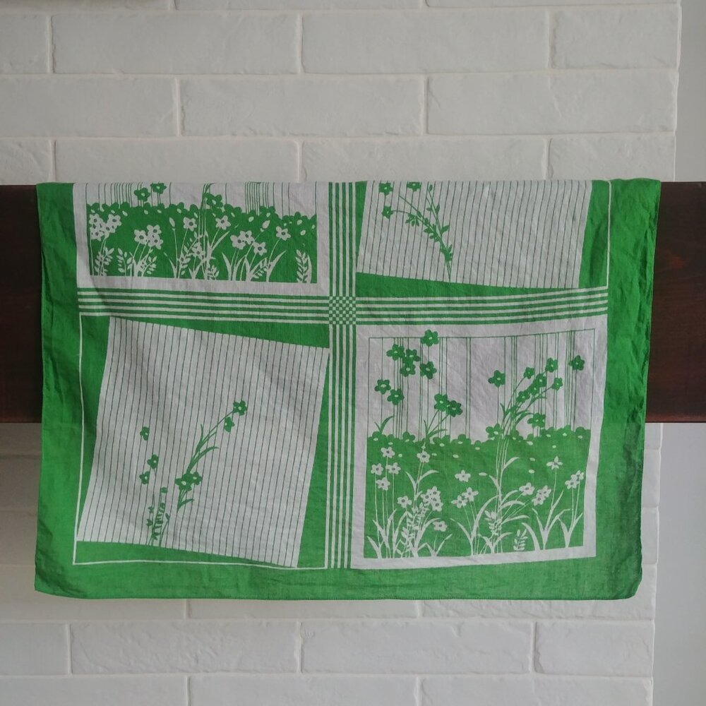 Square bandana scarf green and white flowers lightweight cotton feel